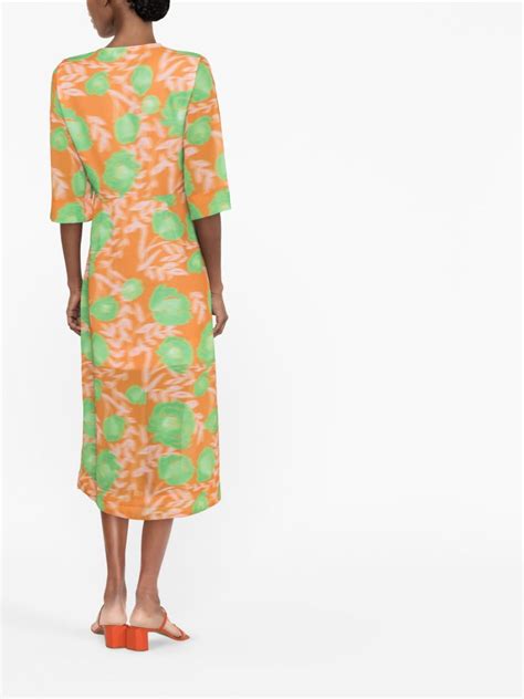 GANNI Floral Print Midi Dress Orange FARFETCH UK