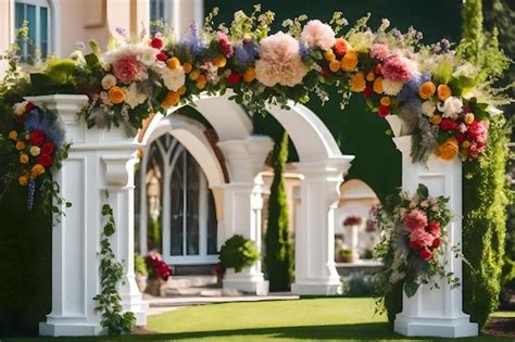 Premium AI Image | A garden arch with flowers on the front.