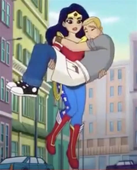 An Animated Image Of A Woman Holding A Man In The Air With Buildings