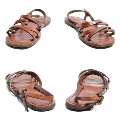 Women's Brown Leather Sandals Strappy Slingback Flats by