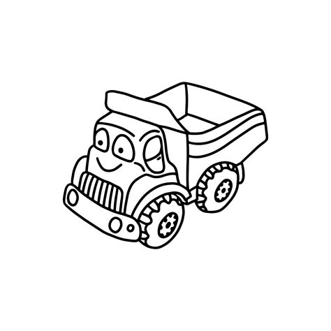 Funny toy dump truck in black outline style on a white background ...