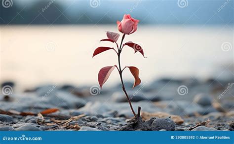 A Single Red Rose is Growing Out of the Ground Near a Body of Water Stock Illustration ...