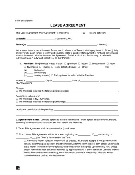 Maryland Residential Leaserental Agreement Legal Templates