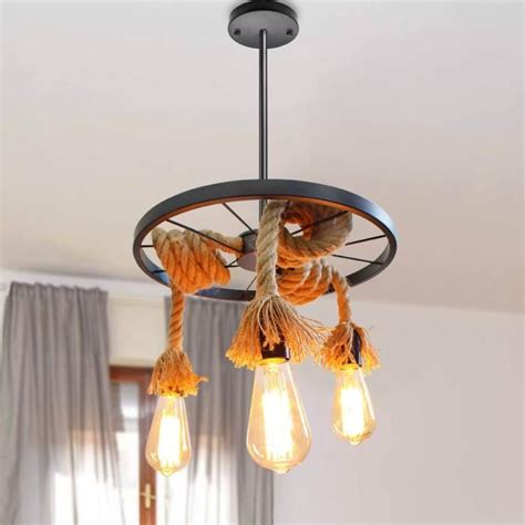 Lustre Suspension Cm Forme Roue En Corde Chanvre T Tes Lumi Re