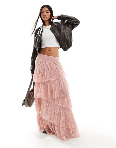 Miss Selfridge Lace Tiered Maxi Skirt In Dusky Pink Asos In 2024