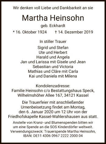 Traueranzeigen Von Martha Heinsohn Trauer HNA De