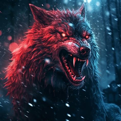 A wolf with red eyes and a blue background | Premium AI-generated image