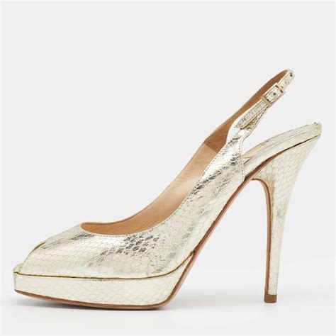 Jimmy Choo Metallic Gold Snakeskin Embossed Leather Platform Slingback