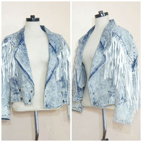 80s 90s Acid Wash Fringe Denim Jacket Large Jeans Jacket White Leather Fringe By