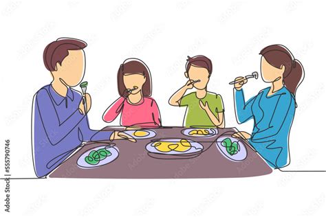 Single continuous line drawing family eating meal around kitchen table ...