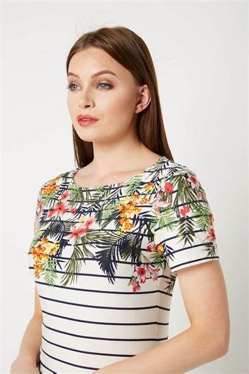 Stripe Border Floral Print Top In Ivory Roman Originals Uk Floral