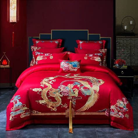 Red Gold Dragon Phoenix Wedding Long Embroidery Duvet Cover Set Egypt