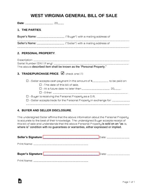 Free West Virginia Bill Of Sale Forms Pdf Eforms