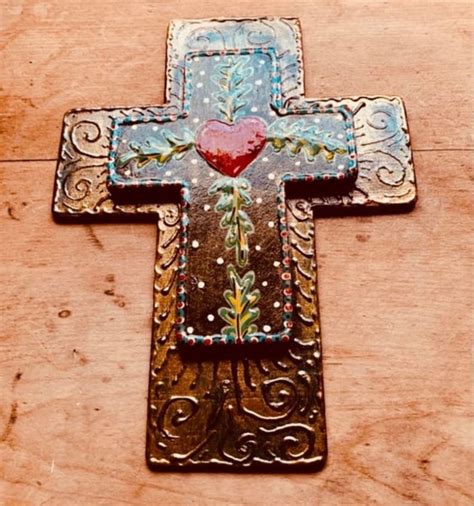 Sacred Heart Cross Sacred Heart Folk Art Hand Painted Cross