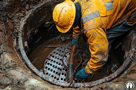 Premium Photo Sewer Well Septic Tank A Male Worker In Overalls And A