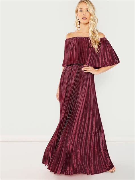 Off Shoulder Pleated Maxi Prom Dress Shein Usa Maxi Dress Prom Maxi Dress Long Maxi Dress