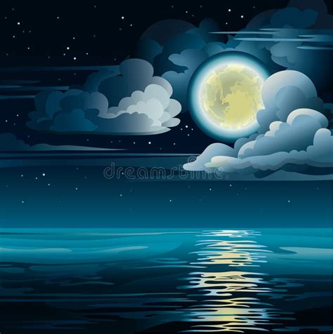 Ciel Nuageux Avec La Pleine Lune La Plage Et La Mer Illustration Stock