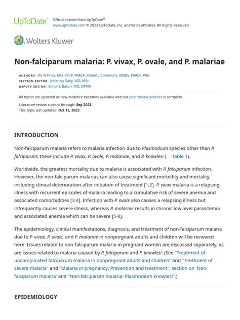 Non Falciparum Malaria P Vivax P Ovale And P Malariae Uptodate