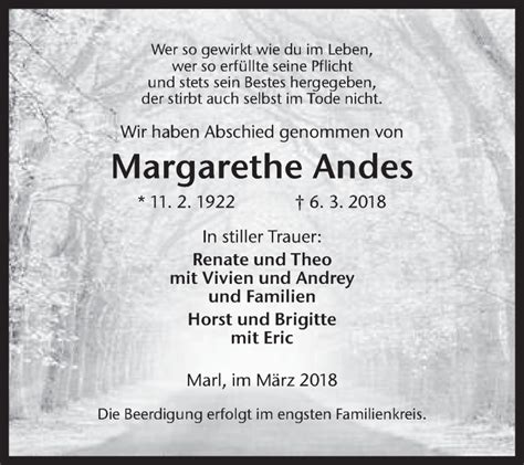 Traueranzeigen Von Margarethe Andes Sich Erinnern De