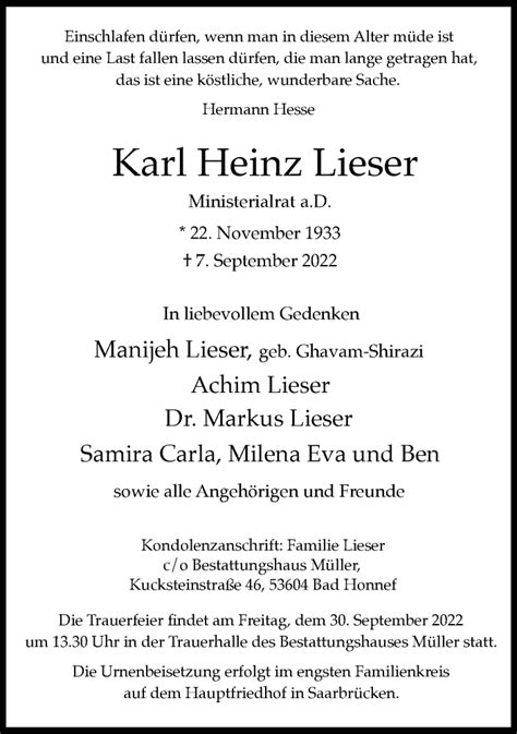 Traueranzeigen Von Karl Heinz Lieser Ga Trauer De