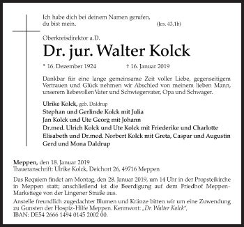 Traueranzeigen Von Walter Kolck Noz Trauerportal