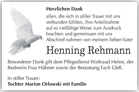 Traueranzeigen Von Henning Rehmann Abschied Nehmen De