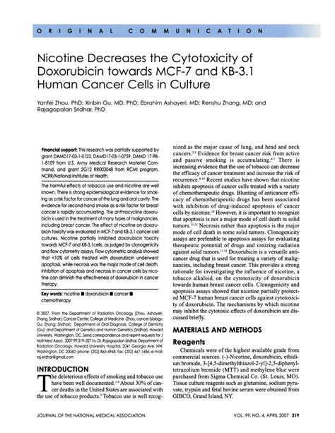 Pdf Nicotine Decreases The Cytotoxicity Of Doxorubicin Towards Mcf 7