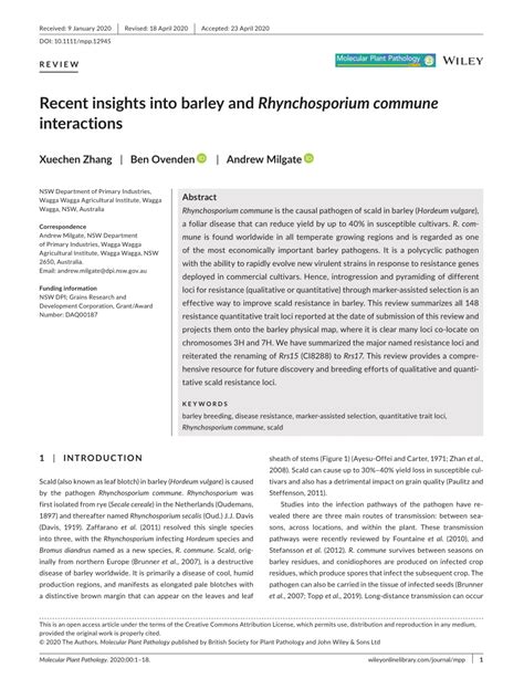 PDF Recent Insights Into Barley And Rhynchosporium Commune Interactions