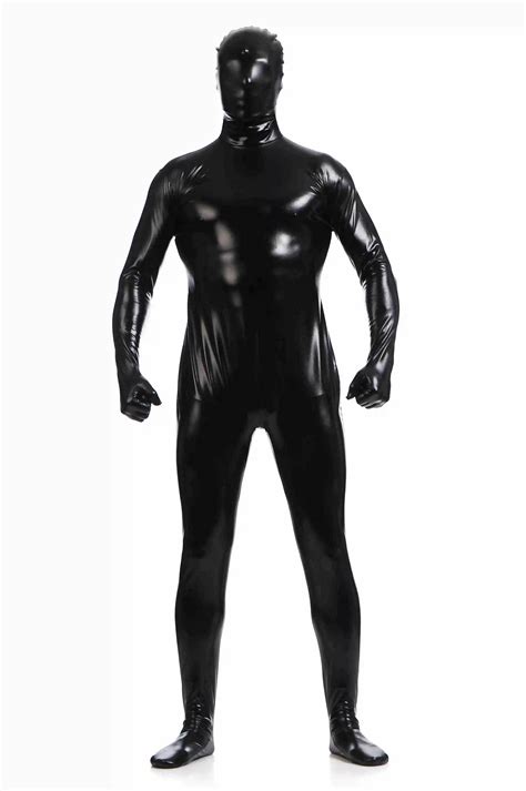 Mens Shiny Metallic One Piece Full Bodysuit Lycra Spandex Zentai Costume Hooded Mask Skin Tight