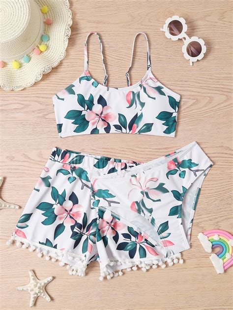 3packs Tween Girl Floral Print Pom Pom Hem Bikini Set Beach Skirt Summer Beach SHEIN USA