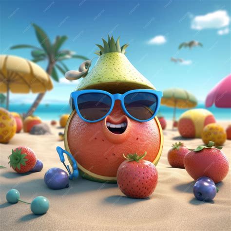 Premium Photo Funny Summer Fruits With Sunglasses On Beach 3d Render