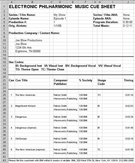 Music Cue Sheet Template - Printable Word Searches