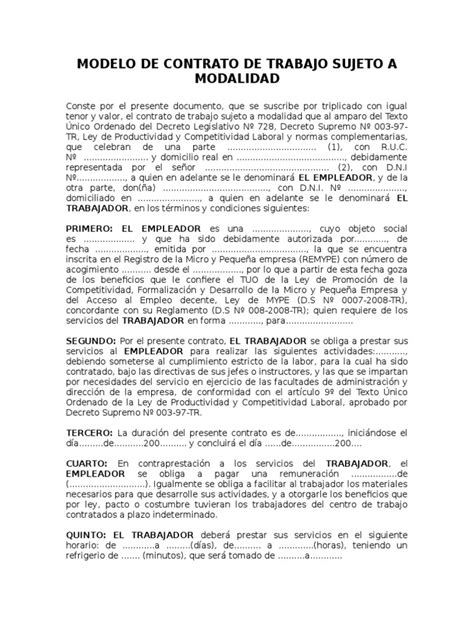 Modelo De Contrato De Trabajo Sujeto A Modalidad Mype Pdf Derecho Laboral Información