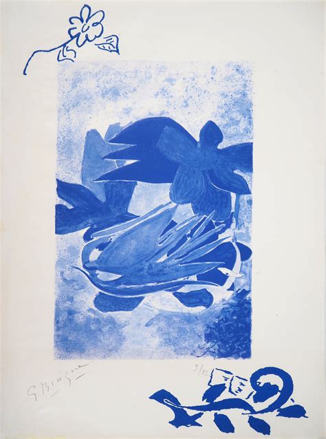 Georges Braque Feuilles Et Fleurs Bleues Lithographie