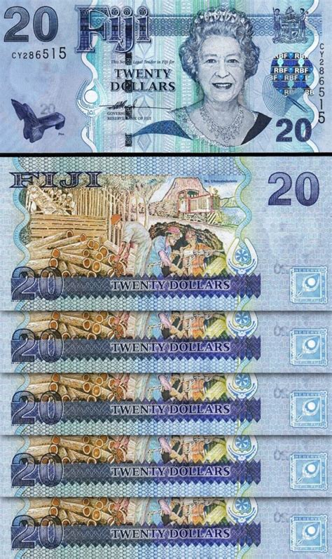 Fiji 20 Dollars 2007 Unc 5 Pcs Lot Consecutive P 112a Queen