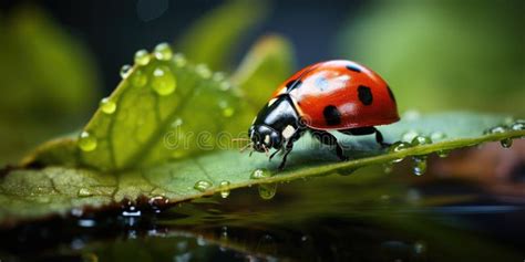 Shot Of A Ladybug In Green Grass With Dew Drops Insect World Nature