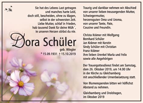 Traueranzeigen von Dora Schüler franken gedenkt de