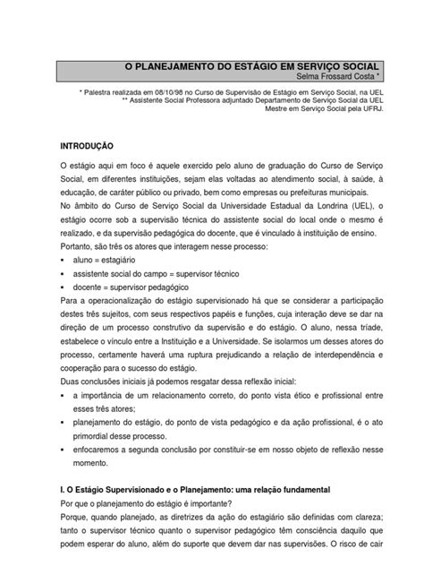 Texto - O Planejamneto Do Estágio em Serviço Social | PDF ...