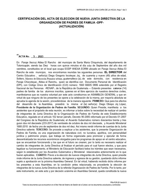 Certificación Del Acta De Eleccion De Nueva Junta Directiva Nivel 42