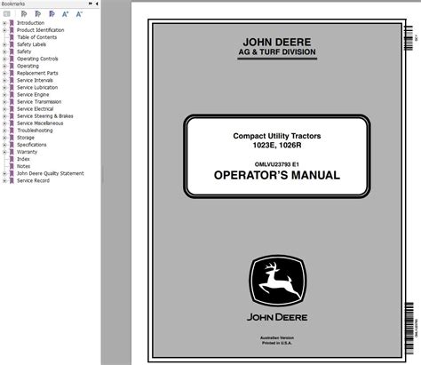 John Deere Operators Manual Compact Utility Tractors 1023e 1026r