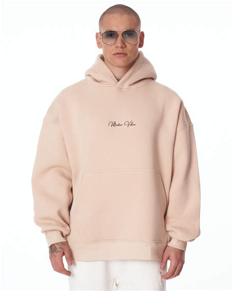 Mens Oversized Signature Detail Beige Cordless Hoodie Martin Valen