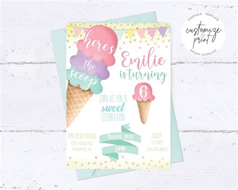 Ice Cream Birthday Party Invitation Editable Template Printable And Instant Download Etsy