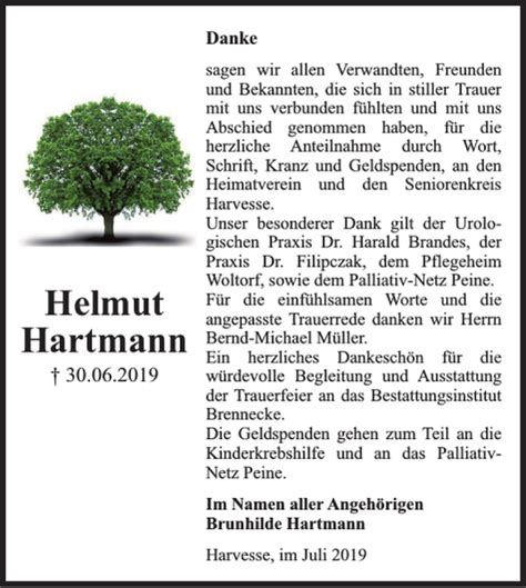 Traueranzeigen Von Helmut Hartmann Trauer38 De