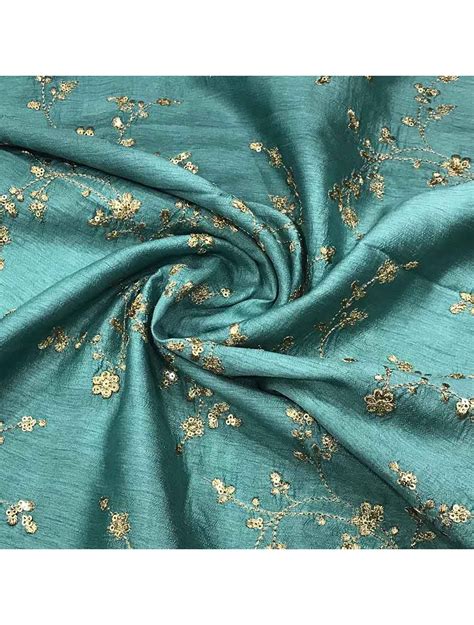 Dusty Green Dupion Silk Fabric With Premium Floral Embroidery Saroj