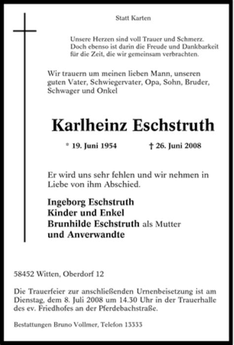 Traueranzeigen Von Karlheinz Eschstruth Trauer In NRW De