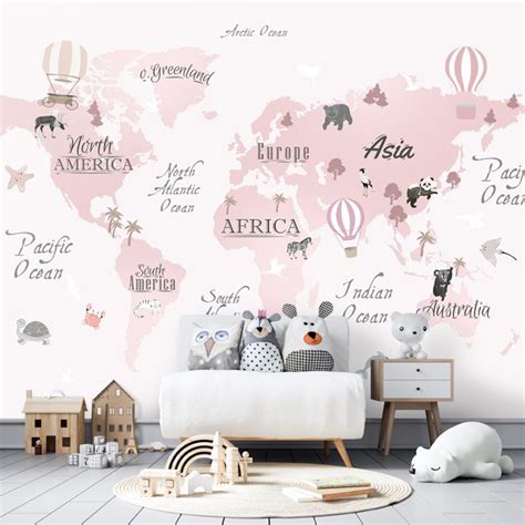 Pink Color World Map for Kids Wallpaper Peel and Stick Easy Removable ...