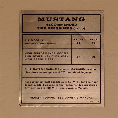 1966 Mustang Tire Pressure Decal For Glove Box Mustang Pressure Tire