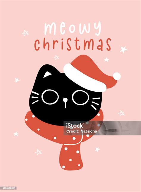 Cute Christmas Black Cat With Santa Hat Meowy Christmas Humor Greeting