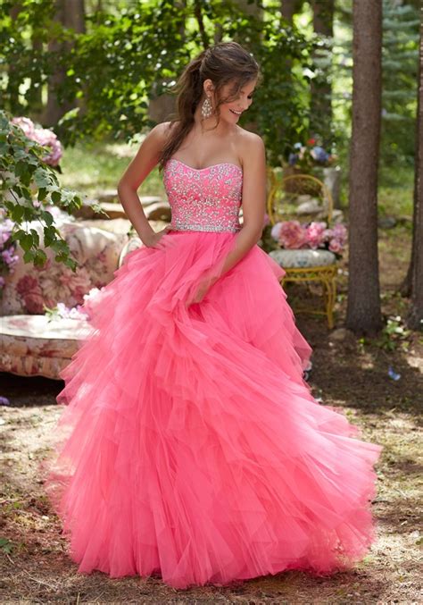 Cute Ball Gown Strapless Hot Pink Tulle Ruffle Prom Dress With Beading