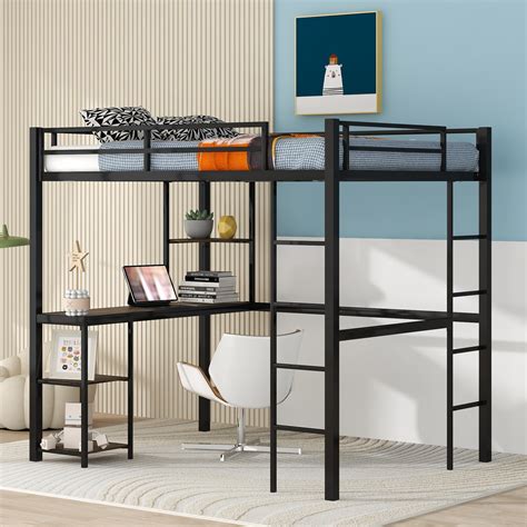 Full Metal Loft Bed With Desk Shelves And 2 Ladders Secure Guardrails Durable Bedroom Loft